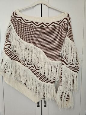 Mazik Boho One-Shoulder Geometric Knit Fringe Sweater L Grandmacore Western